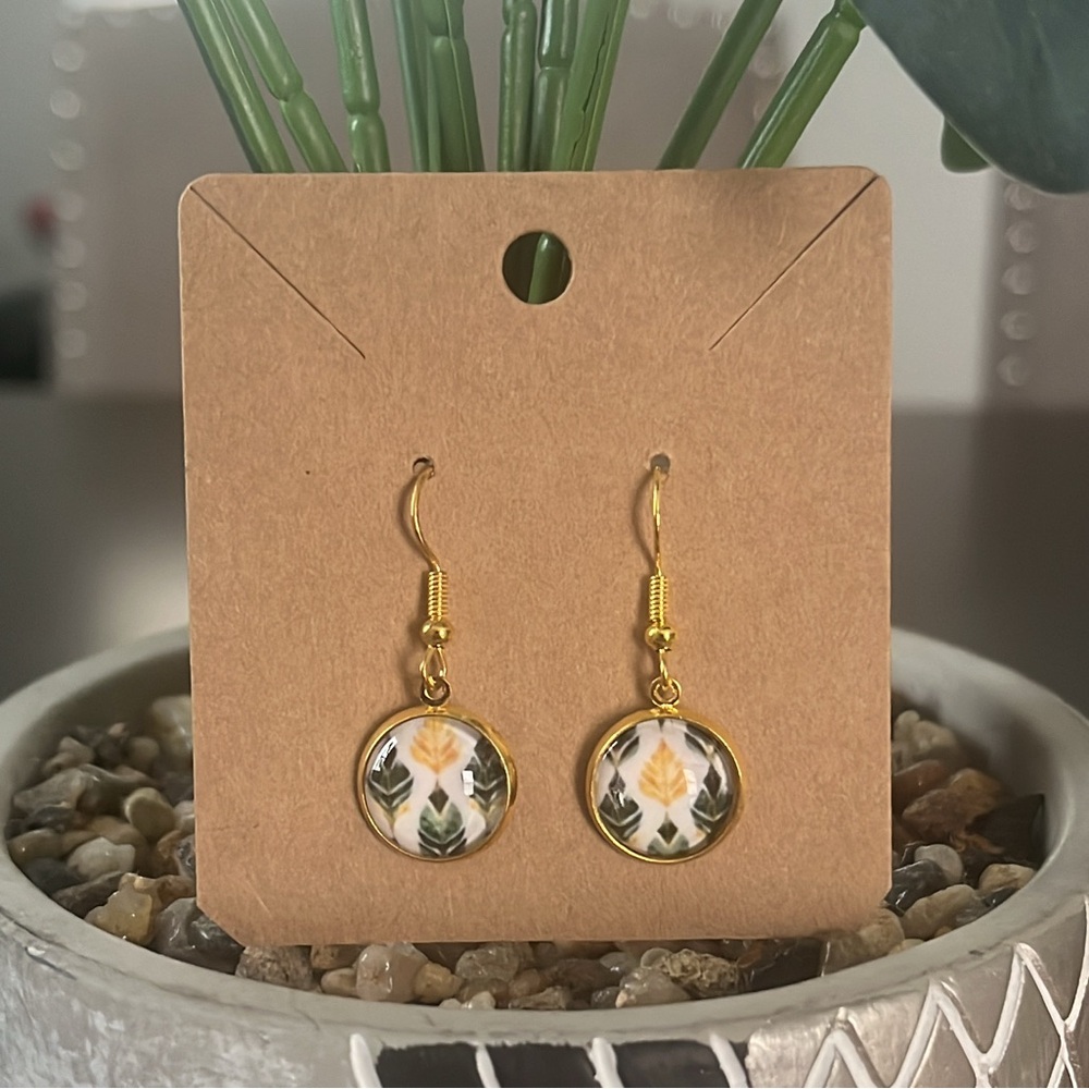 Hand Crafted Gold & Green Leaf Design Drop Earrings